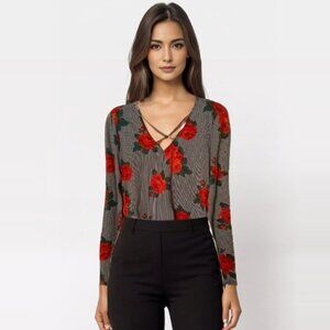 Ultra Flirt Red Floral V-Neck Long Sleeve Blouse Size L